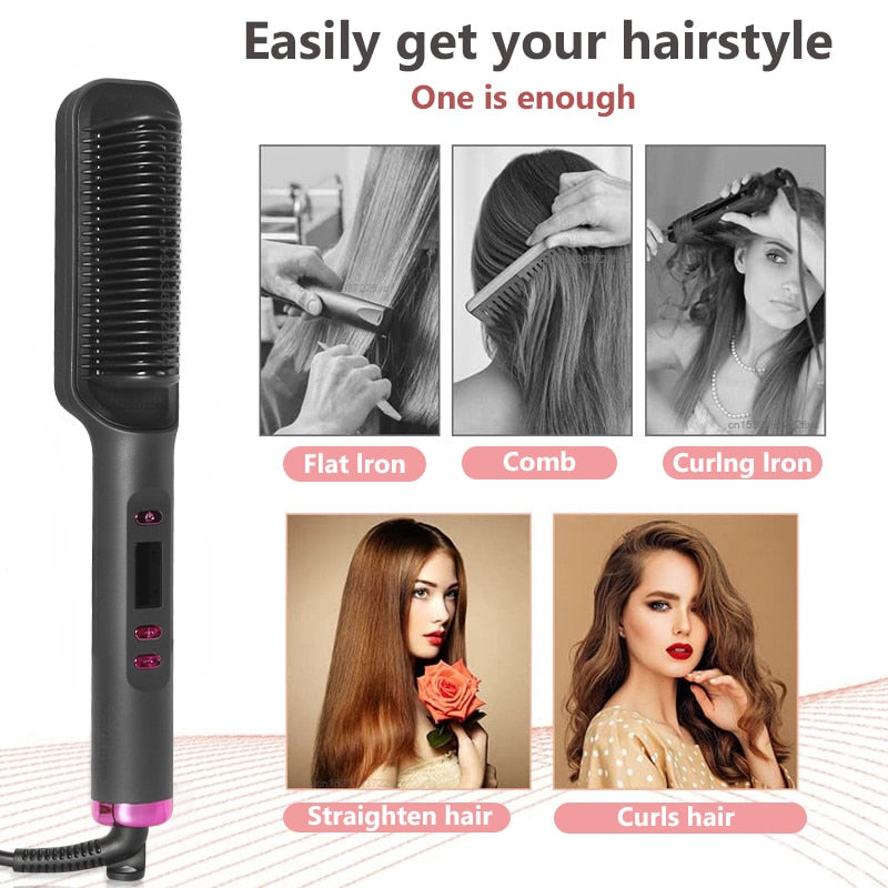 Multifunctional electric hair straighthening brush with LCD display