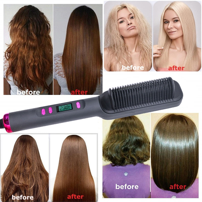 Multifunctional electric hair straighthening brush with LCD display